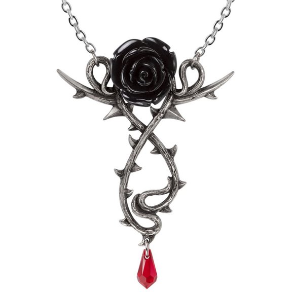 Alchemy Gothic Carpathian Black Rose Necklace Red Crystal Blood Drop Thorny NWT - Picture 1 of 3